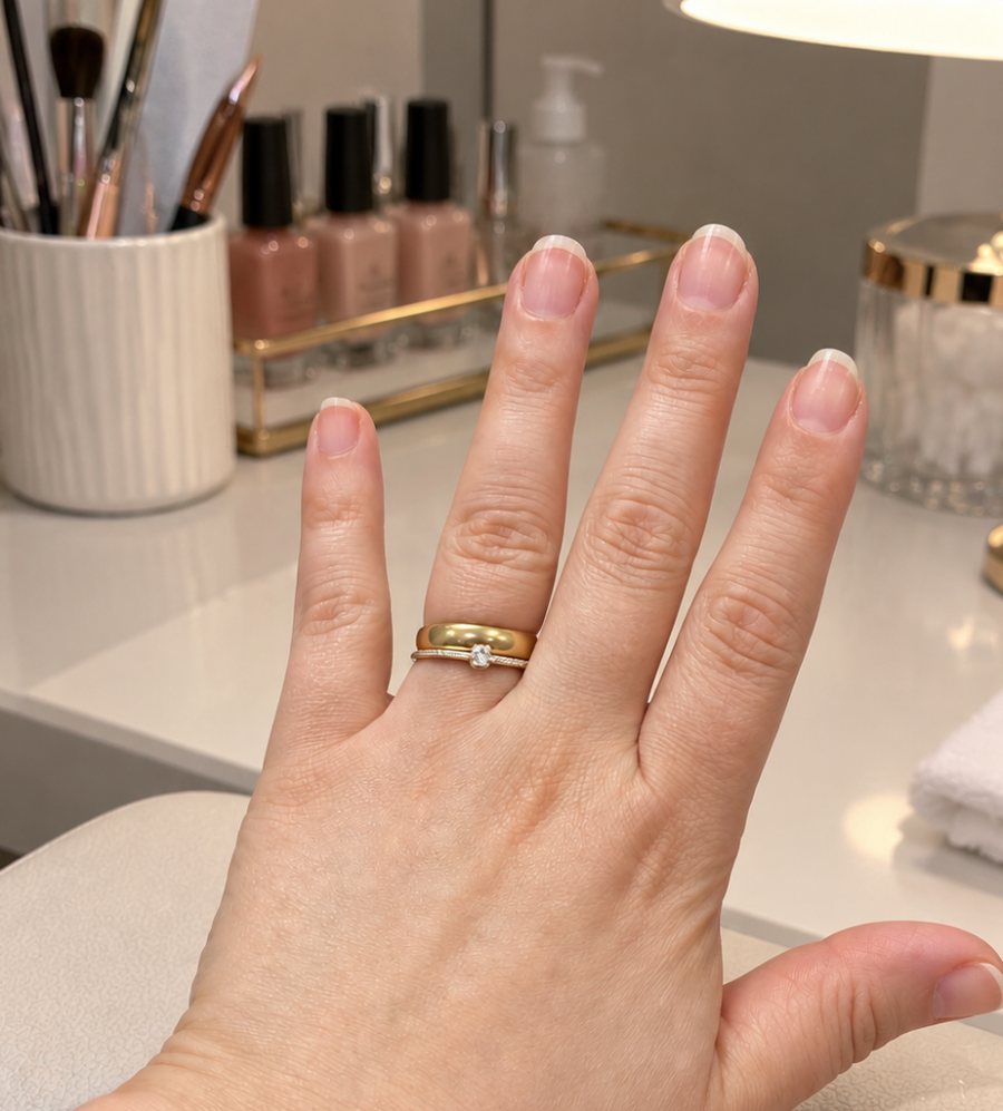 A mão da usuária com as unhas naturais curtas, sobre a bancada do salão
