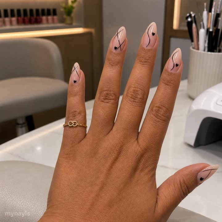 Unhas nude com linhas pretas e coraçõezinhos reproduzidas na mão da usuária