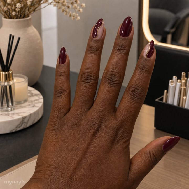 Unhas bordô amendoadas com traço dourado reproduzidas na mão da usuária